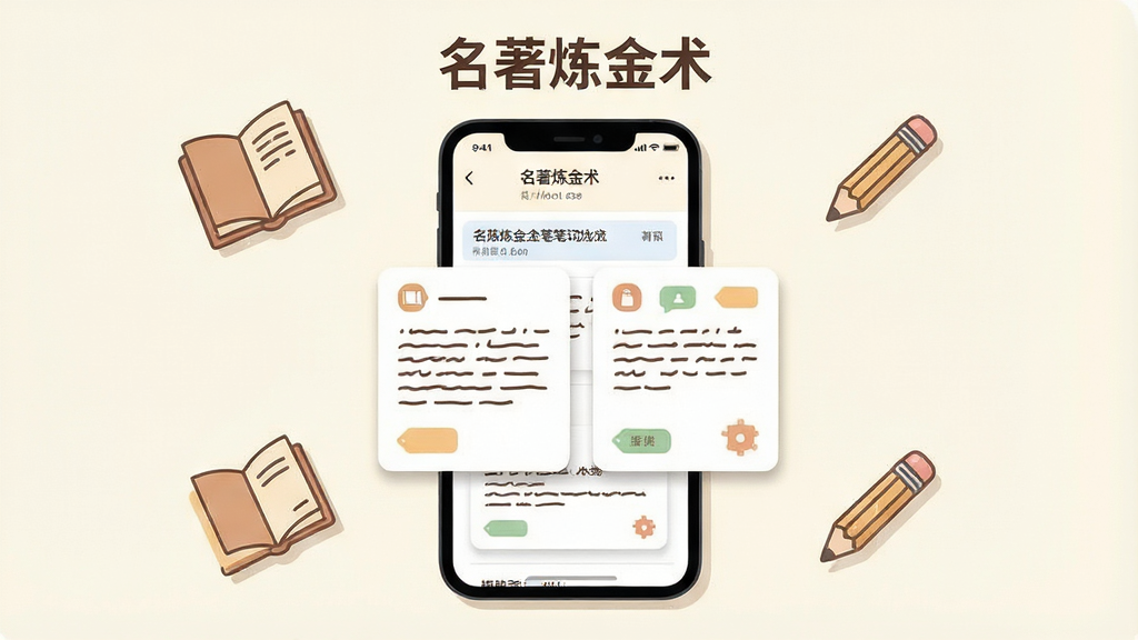 一张展示“名著炼金术”笔记功能的场景图,画面中央为一部手机,屏幕显示笔记列表与摘录卡片,卡片上有文字线条与标签图标,手机周围漂浮着书籍与铅笔的简笔图标,背景为米白色,风格为柔和扁平插画,主体居中,排版舒适,细节包括卡片阴影与图标线条,画质清晰干净,无多余元素