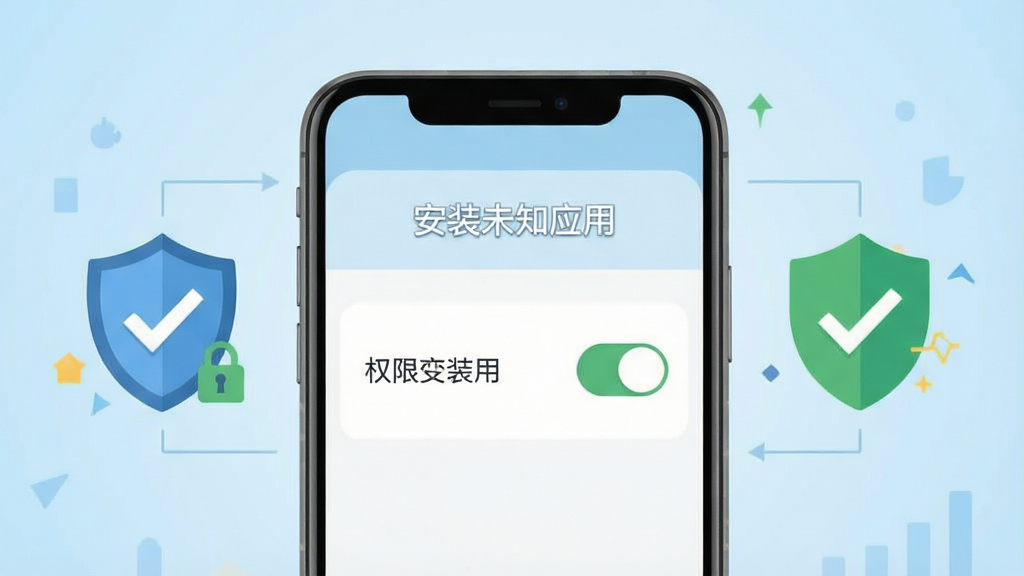 一张展示手机安全设置的示意图,画面中央为一部手机,屏幕显示“安装未知应用”权限开关界面,旁边有盾牌与对勾图标,背景为浅蓝色渐变,风格为扁平化信息图,主体突出,排版简洁,细节包括开关按钮与文字标签,画质清晰干净,无多余元素