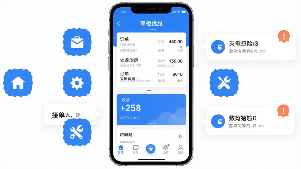手机屏幕中央显示“掌柜优服”应用主界面,上方有订单列表和收益卡片,下方有底部导航栏,周围环绕工具图标和接单通知气泡,扁平化设计风格,蓝白配色,界面干净整洁,画质清晰,无多余元素