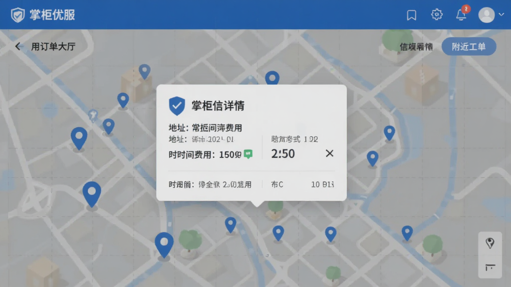 “掌柜优服”应用订单大厅界面,地图上显示多个蓝色定位点代表附近工单,屏幕中央弹出订单详情卡片,包含地址、时间和费用信息,背景为浅灰色网格,扁平插画风格,蓝白主色调,画质清晰,无杂乱元素