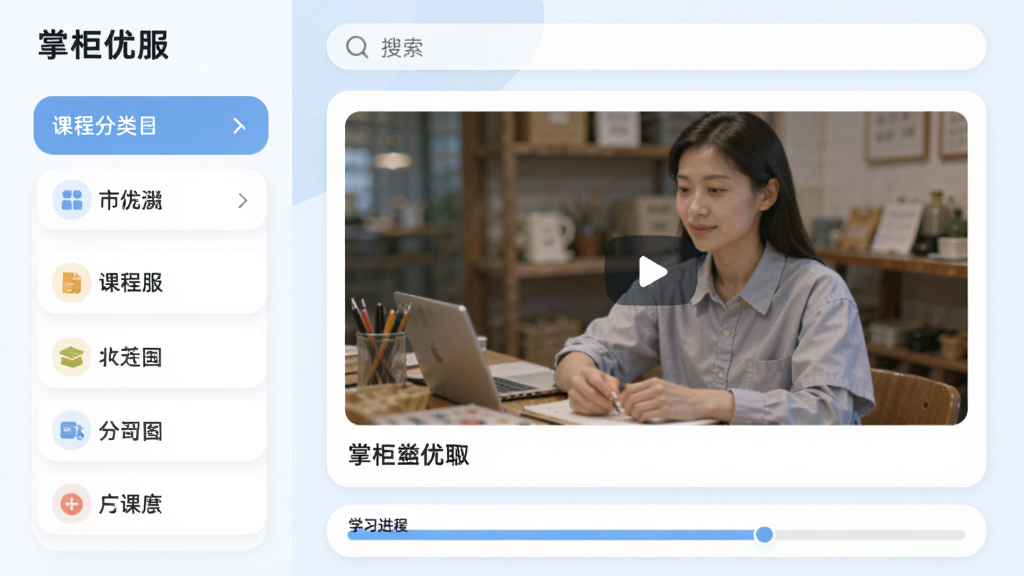 “掌柜优服”技能培训页面,左侧为课程分类列表,右侧展示视频缩略图和课程标题,顶部有搜索栏,底部有学习进度条,整体采用浅色背景和圆角卡片设计,风格清新明快,画质清晰,无多余元素