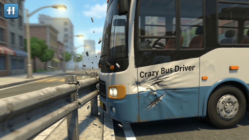 Crazy Bus Driver游戏中的碰撞瞬间特写,一辆巴士与路边护栏发生轻微剐蹭,车身侧面有划痕和凹陷,碎片飞溅,背景是城市街道和路灯,画面动感十足,3D渲染风格,画质细腻,干净无杂乱元素