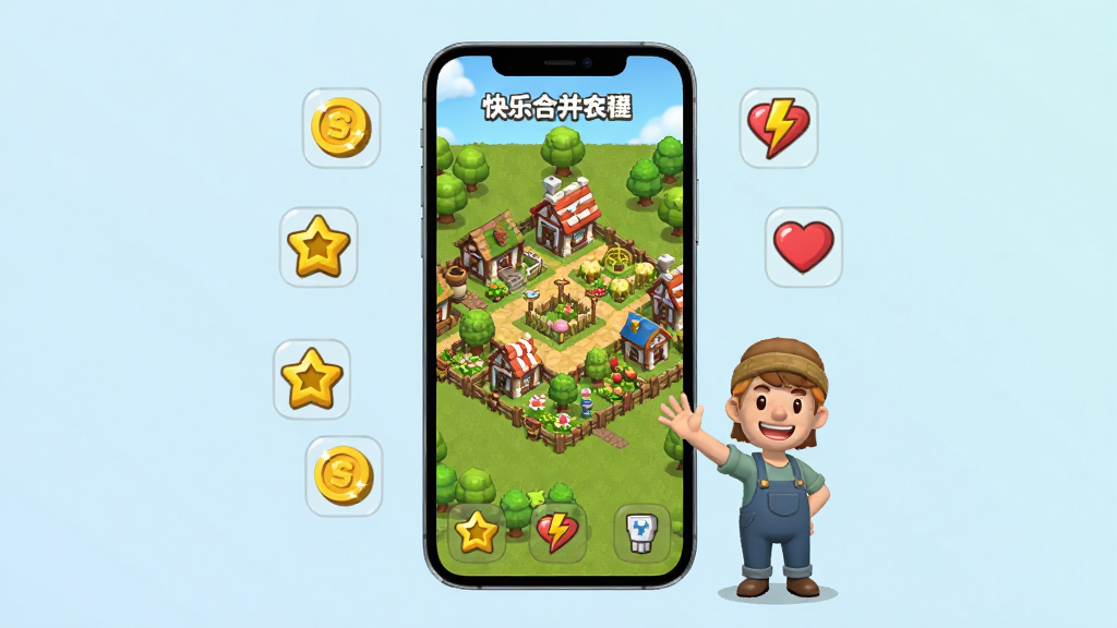 一幅游戏功能展示图,画面中心是一部智能手机,屏幕显示快乐合并庄园的庄园全景,周围漂浮着金币、经验星星、体力爱心等图标,手机旁边站着两位卡通居民角色正在挥手,背景是柔和的渐变浅蓝色,画面风格简洁明快,细节清晰,画质干净,无多余装饰