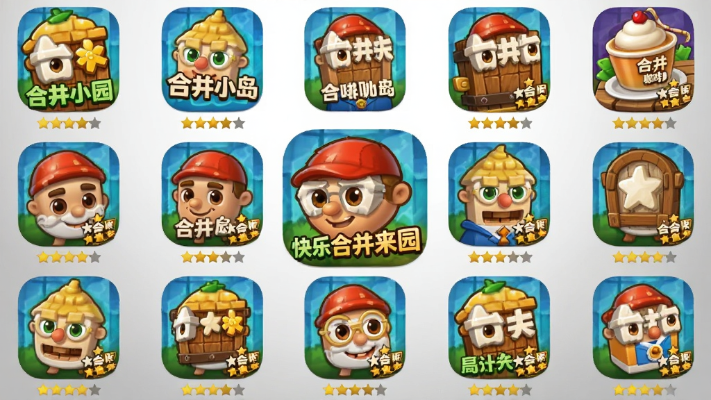 一幅展示多款合成类手机游戏图标排列的图片,画面中央是快乐合并庄园的图标,周围环绕着合并庄园、合并小岛、合并咖啡馆等同类游戏图标,每个图标下方有星星评分,背景为浅灰色渐变,整体风格简洁统一,细节清晰,画质干净,无多余元素