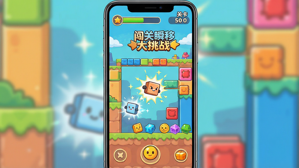 手机屏幕中展示一款休闲闯关游戏界面,主体为卡通风格的方块角色在充满障碍的关卡中瞬移穿梭,布局采用竖版手机全屏视角,画面上方显示关卡进度与分数,中部为游戏核心操作区域,排版简洁清晰,风格为明亮活泼的扁平化卡通风格,细节包括闪烁的瞬移特效、彩色障碍物与收集物品,画质高清,干净,无多余元素,图片中文字标注“闯关瞬移大挑战”