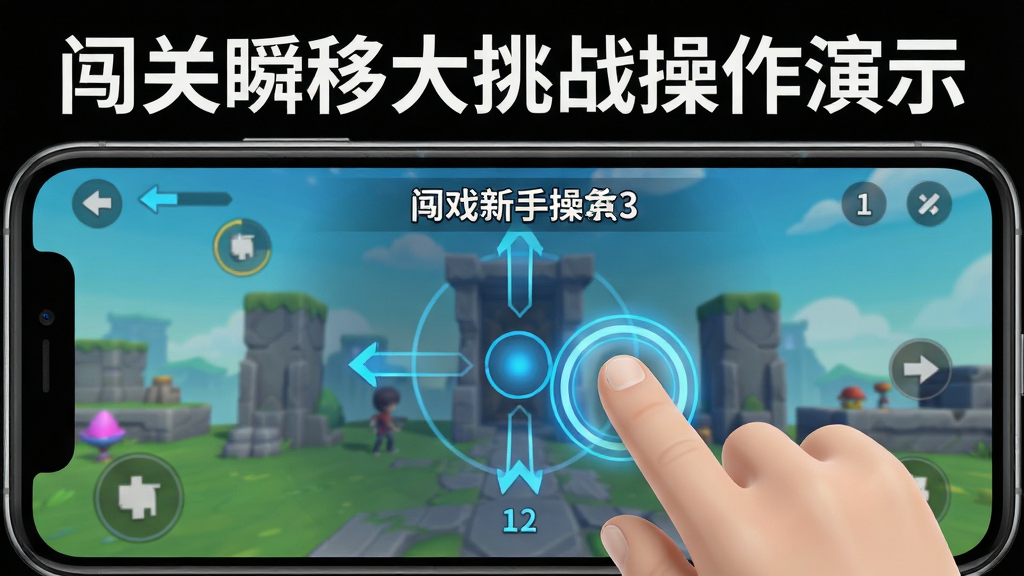 游戏新手教学界面,主体为虚拟手指点击屏幕演示瞬移操作,布局为手机屏幕特写视角,排版上方显示操作提示文字下方为游戏场景,风格为简洁明快的UI设计风格,细节包括高亮点击区域、方向指示线与步骤编号,画质高清,干净,无多余元素,图片中文字标注“闯关瞬移大挑战操作演示”