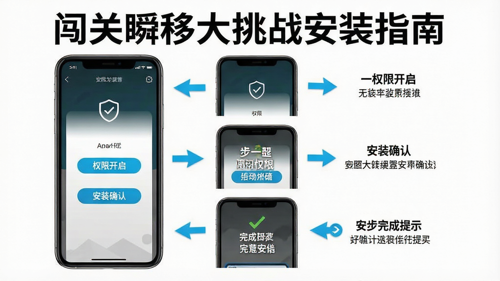 手机游戏安装教程示意图,主体为手机屏幕显示安装权限设置界面,布局为分步展示安装流程,排版从上到下依次为权限开启、安装确认、完成提示三个步骤,风格为简洁清晰的教程风格,细节包括高亮按钮、箭头指示与文字说明,画质高清,干净,无多余元素,图片中文字标注“闯关瞬移大挑战安装指南”