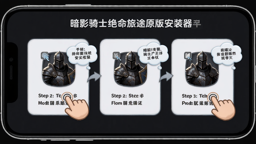 暗影骑士绝命旅途原版安装器新手操作界面,主体为手机屏幕显示安装步骤指引,布局为分步图示结构,排版清晰标注每一步操作要点,风格为友好教学风,细节包含手指点击图标与提示气泡,画质高清,画面干净无多余元素
