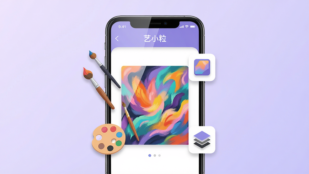 整体画面采用柔和的浅紫色渐变背景,中央放置一部智能手机,手机屏幕中显示“艺小粒”软件界面,界面内展示一幅色彩斑斓的数字艺术画作,画作周围环绕着画笔、调色盘、图层图标等创作元素,构图居中对称,排版简洁清晰,风格为现代扁平化插画,细节包括屏幕反光、图标微阴影,画质高清干净,无多余元素。