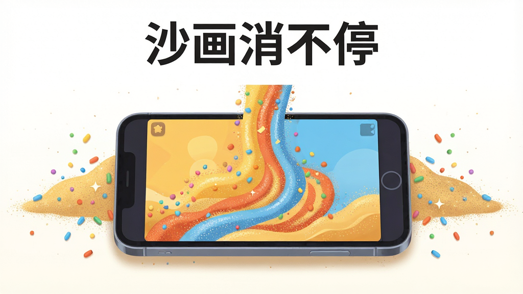 一幅横向构图的手机游戏场景插画,画面中央是一部智能手机,屏幕上显示着沙画消不停游戏界面,彩色沙粒正从屏幕上方倾泻而下,形成流动的沙画图案,手机周围散落着细沙和彩色颗粒。布局采用居中对称,上方留白用于放置游戏名称文字“沙画消不停”。风格为现代扁平插画风,色彩以暖黄、橙红、天蓝为主,沙粒质感细腻。细节上手机边缘有轻微阴影,沙粒有高光和颗粒感。画质清晰,画面干净,无多余元素。