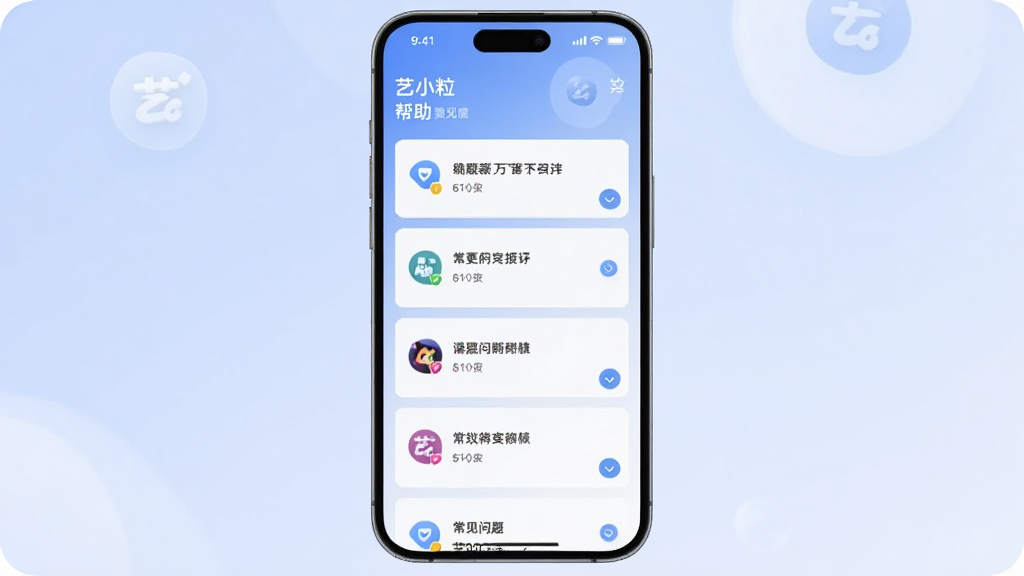 画面展示一部手机屏幕显示“艺小粒”的问答帮助页面,屏幕中排列着多个常见问题卡片,背景为淡蓝色渐变,构图以手机为中心,风格为简洁现代的UI展示,细节包括问题图标和展开箭头,画质清晰,无多余元素。
