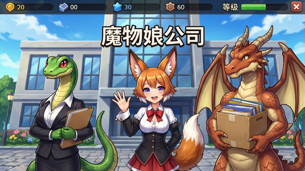 一张展示魔物娘公司游戏主界面的预览图,画面中央是公司大楼外观,楼前站着三位不同种族风格的魔物娘角色,左侧是蛇娘穿着职业装手持文件夹,中间是狐娘微笑着挥手,右侧是龙娘抱着资料箱。布局采用横向构图,上方留出天空区域,下方是石板路面。排版以游戏UI风格呈现,顶部有资源栏和等级标识。风格为日系二次元赛璐璐上色,细节包括角色服饰纹理、建筑窗户反光、路边的花草点缀。画质清晰干净,无多余元素,画面中可加入文字“魔物娘公司”。