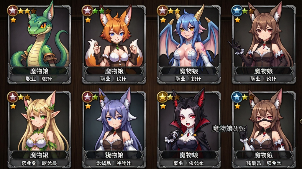 一张展示魔物娘公司角色收集界面的预览图,画面以网格形式排列多位魔物娘角色卡牌,每张卡牌上展示角色半身立绘和稀有度星级,角色包括蛇娘、狐娘、龙娘、精灵、吸血鬼等不同种族。布局采用四列三行的整齐网格,背景为深色木质纹理面板。排版上每张卡牌下方标注角色名称和职业标签。风格为日系二次元卡牌手游界面,细节包括卡牌边框的金属质感、角色表情差异、星级颜色区分。画质清晰干净,无多余元素,画面中可加入文字“魔物娘公司”。