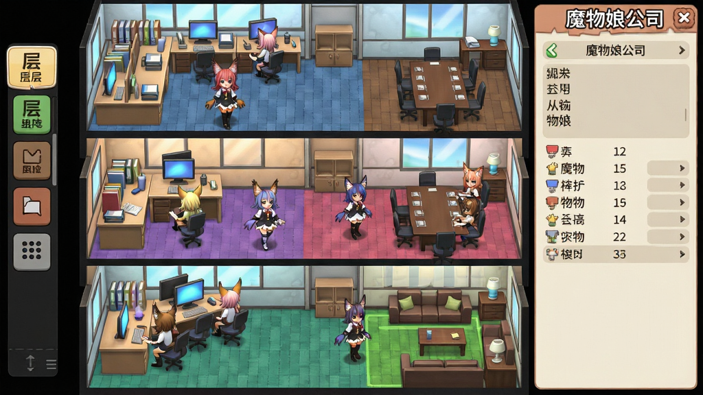 一张展示魔物娘公司经营界面的预览图,画面以俯视视角呈现公司内部楼层布局,可见办公区、会议室、休息区等功能区域,多位魔物娘角色正在各自岗位上工作。布局采用纵向延伸的多层建筑剖面图,每层用不同颜色地板区分。排版上左侧为楼层导航栏,右侧为当前选中区域的详细信息面板。风格为日系二次元经营模拟游戏界面,细节包括办公桌上的文件堆、电脑屏幕亮光、角色工作动作。画质清晰干净,无多余元素,画面中可加入文字“魔物娘公司”。