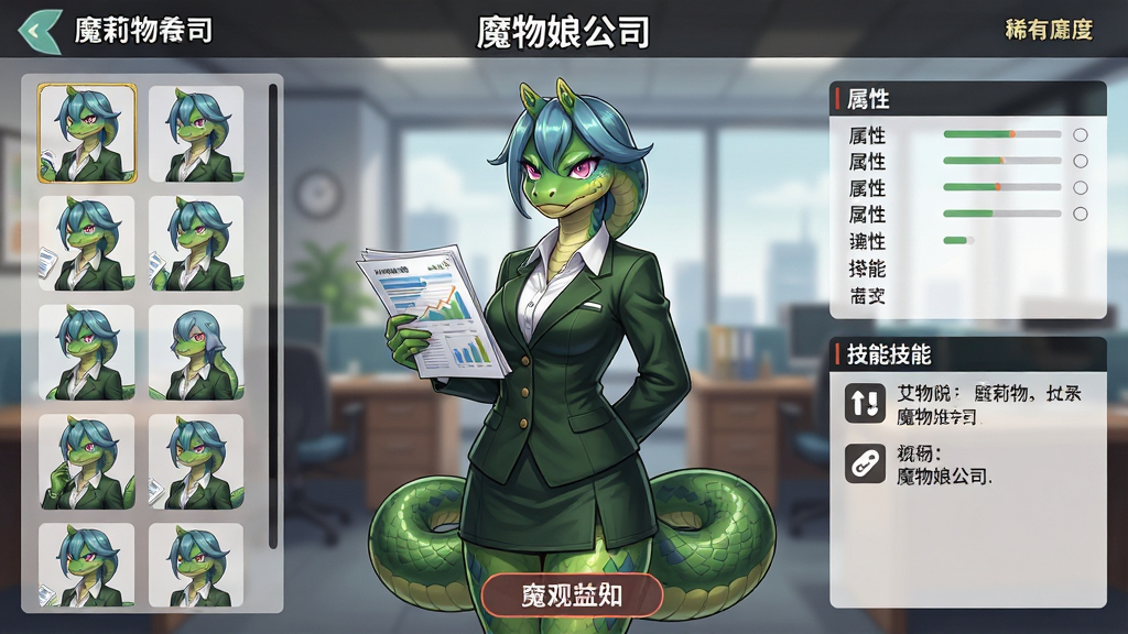一张展示魔物娘公司角色详情页的预览图,画面中央是蛇族角色艾莉娜的全身立绘,穿着深绿色职业套装,手持财务报表,表情认真。布局采用左中右三栏结构,左侧为角色列表缩略图,中间为角色立绘展示区,右侧为属性面板和技能说明。排版上顶部显示角色名称和稀有度,底部有互动按钮。风格为日系二次元角色详情界面,细节包括立绘的光影层次、服装褶皱、背景的办公室虚化效果。画质清晰干净,无多余元素,画面中可加入文字“魔物娘公司”。