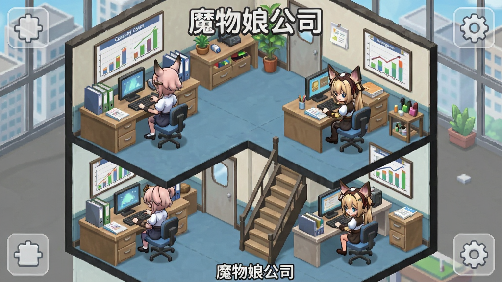 一张展示魔物娘公司游戏内公司经营场景的预览图,画面以等距视角呈现多层办公楼内部,每层有不同魔物娘角色在办公桌前工作,桌上有电脑和文件,墙面挂着公司业绩图表。布局采用纵向剖面展开,楼层之间有楼梯连接。排版上画面四角有半透明的UI指示图标。风格为日系二次元等距经营游戏画面,细节包括角色动作差异、办公用品摆放、窗外城市背景。画质清晰干净,无多余元素,画面中可加入文字“魔物娘公司”。