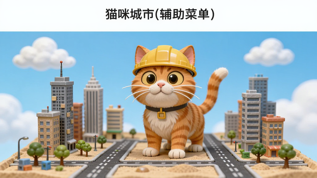 一只橘色猫咪站在城市沙盘前,周围是迷你高楼和道路,猫咪戴着安全帽,背景是蓝天白云,主体居中布局,上方留白,画面风格为卡通渲染,细节包括猫咪胡须和沙盘上的小树,画质清晰干净,无多余元素,图片中文字“猫咪城市(辅助菜单)”