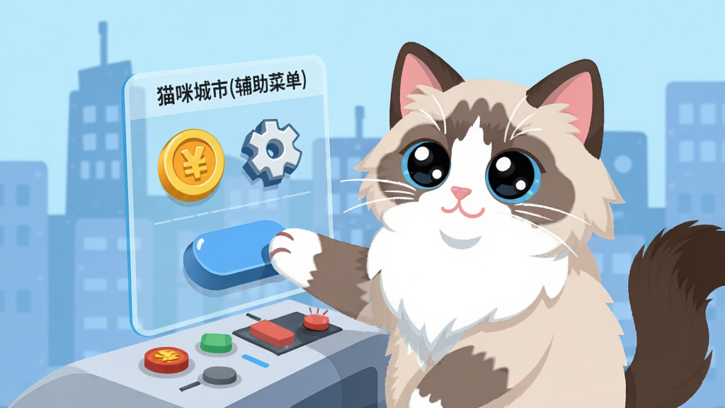 一只布偶猫坐在控制台前,面前是悬浮的透明菜单面板,面板上显示金币图标和齿轮图标,猫咪爪子按在按钮上,背景是卡通城市轮廓,主体突出,布局居中,风格为扁平插画,细节有猫咪眼睛反光和按钮立体感,画质细腻干净,无多余元素,图片中文字“猫咪城市(辅助菜单)”