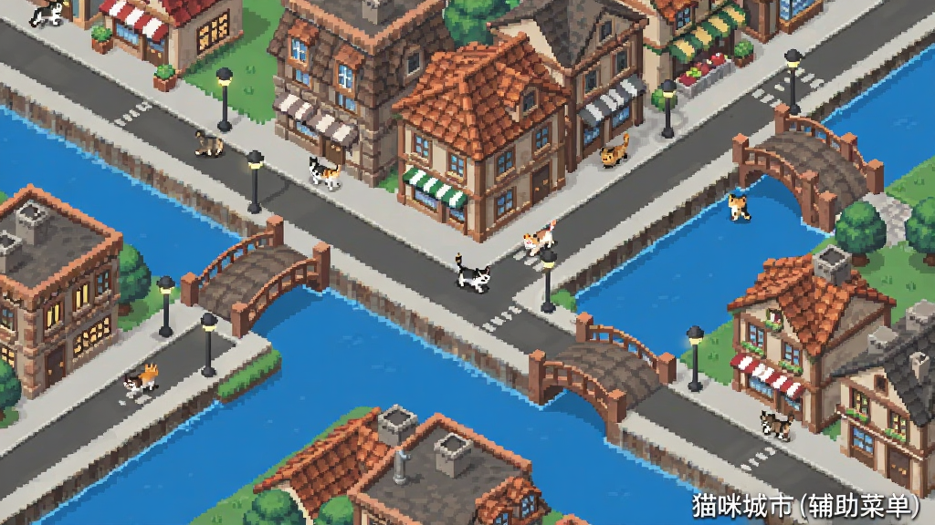 俯视角度的猫咪城市地图,有河流穿过,两岸分布着不同风格的建筑和桥梁,几只猫咪在街道上行走,主体为城市全景,布局采用对角线构图,风格为像素艺术,细节有屋顶瓦片和路灯,画质清晰干净,无多余元素,图片中文字“猫咪城市(辅助菜单)”