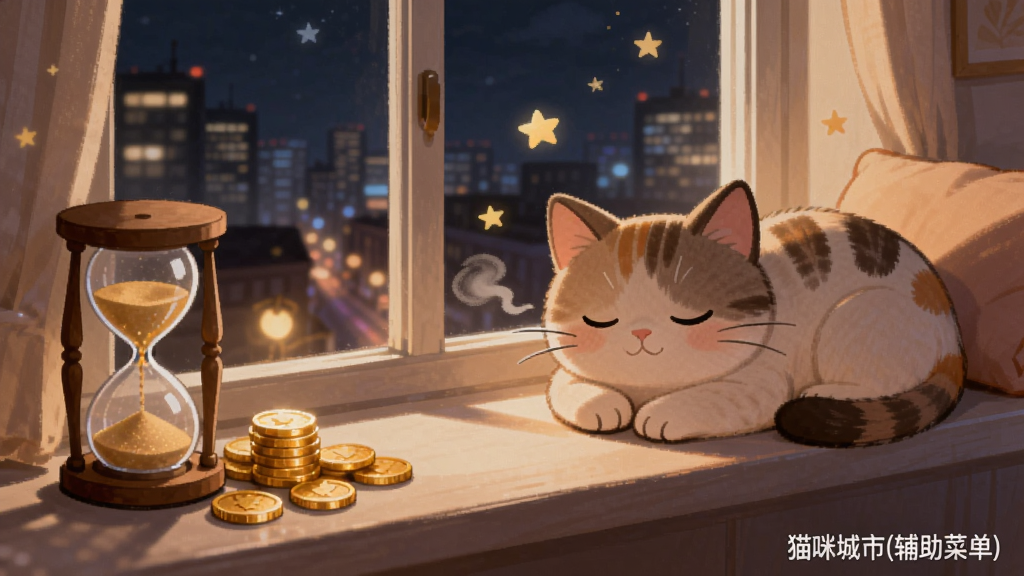 一只猫咪趴在窗台上睡觉,窗外是夜晚的城市灯光,窗台边有一个沙漏和金币堆,主体为猫咪和窗外夜景,布局为左右分割,风格为温暖治愈系插画,细节有星星和猫咪呼吸的起伏,画质温馨干净,无多余元素,图片中文字“猫咪城市(辅助菜单)”