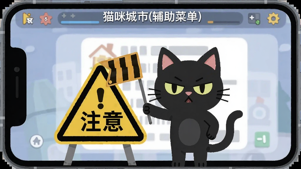一只黑猫拿着小旗子站在标有“注意”的警示牌旁,背景是手机屏幕和游戏界面,主体为黑猫和警示牌,布局为居中,风格为扁平卡通,细节有旗子上的条纹和猫咪严肃表情,画质清晰干净,无多余元素,图片中文字“猫咪城市(辅助菜单)”