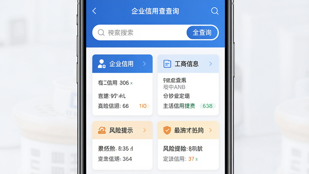 手机屏幕中央展示企业信息信用查询帮应用主界面,上方是搜索框与查询按钮,下方排列企业信用信息卡片、工商信息、风险提示等模块,整体采用蓝白商务配色,画面干净整洁,主体突出,排版清晰,风格为扁平化UI界面,细节包含图标、文字标签、数据卡片,画质高清,干净,无多余元素