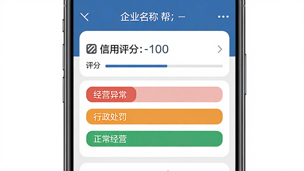 手机界面展示企业信息信用查询帮的风险扫描页面,顶部有企业名称和信用评分,下方用红色、橙色、绿色标签分别标注经营异常、行政处罚、正常经营等状态,画面简洁,商务风格,蓝白灰配色,排版清晰,画质高清,干净,无多余元素