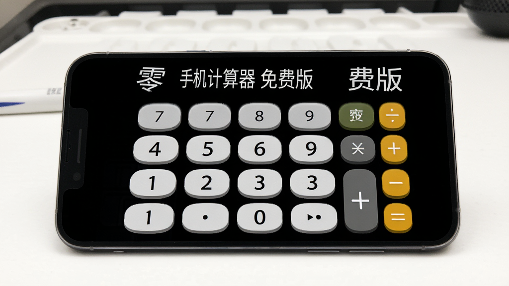 手机计算器免费版 零广告清爽界面展示图,画面主体是一部横向放置的手机,屏幕显示着黑底白字的计算器键盘,按键带有轻微的立体阴影效果,屏幕上方显示着