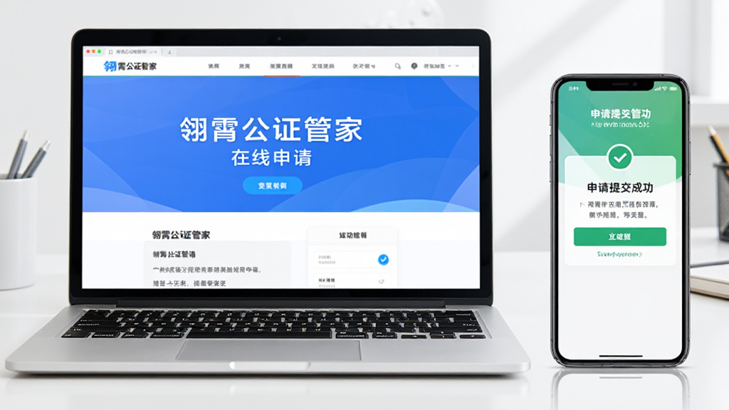 主体为一台打开的笔记本电脑和一部手机并排展示,电脑屏幕显示
