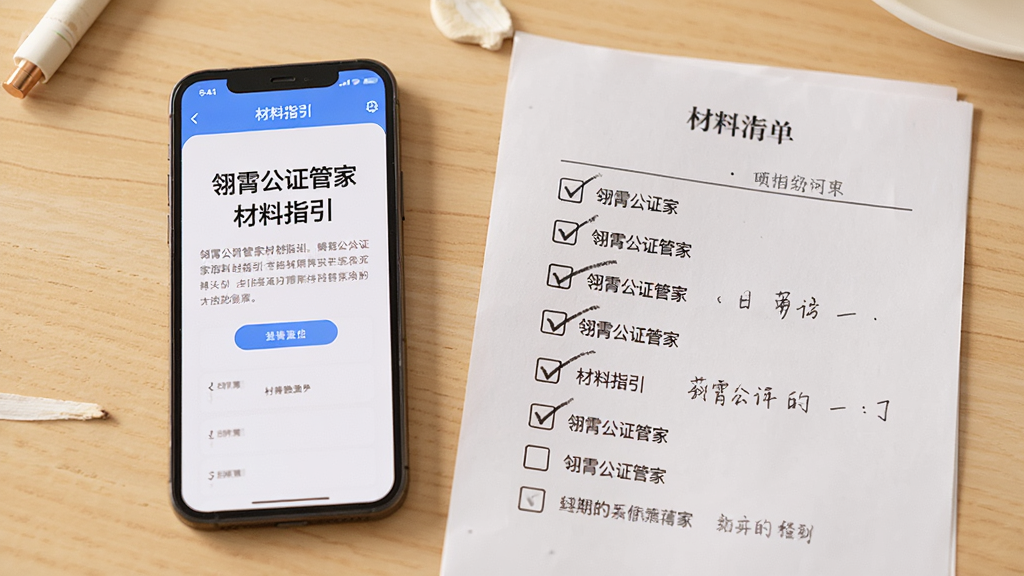 主体为一部手机和一份纸质材料清单,手机屏幕显示