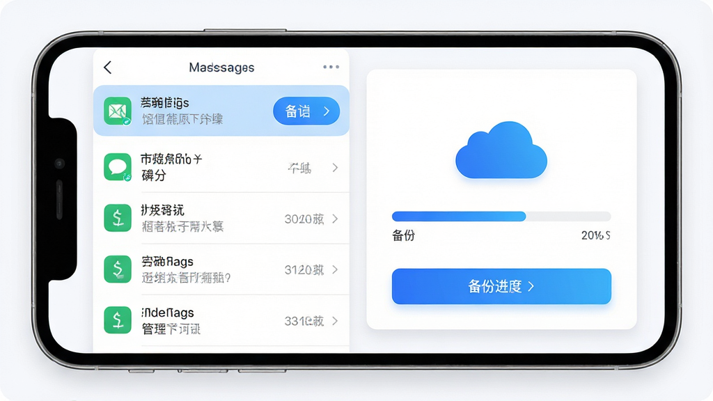 手机屏幕中央展示短信备份管理软件主界面,左侧是短信列表缩略图,右侧是备份进度条和云朵图标,整体布局左右对称,排版清晰,风格为现代扁平化科技风,细节包括蓝色渐变按钮和白色卡片背景,画质高清,干净,无多余元素
