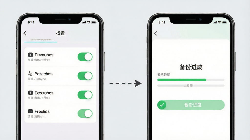 短信备份管理软件新手操作示意图,画面左侧是手机权限设置界面,右侧是备份进度完成界面,中间用虚线箭头连接,背景为浅灰色,布局左右分栏,风格为清新浅色风,细节包括权限开关图标和绿色对勾标记,画质高清,干净,无多余元素