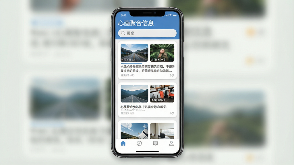 一张手机屏幕展示信息聚合阅读应用的界面预览图,画面中央放置一部竖屏智能手机,手机屏幕内显示