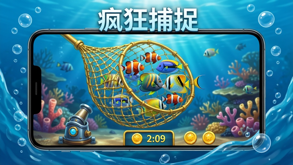 画面主体为一部安卓手机横屏展示海底捕鱼场景,手机屏幕中有一张金色渔网正罩住一群彩色热带鱼,屏幕下方有炮台和金币数字。布局为手机居中,四周环绕蓝色海水与气泡。风格为卡通写实混合,细节包含鱼鳞反光、水波折射、珊瑚礁背景。画质清晰干净,无多余元素,画面中浮现文字“疯狂捕捉”。