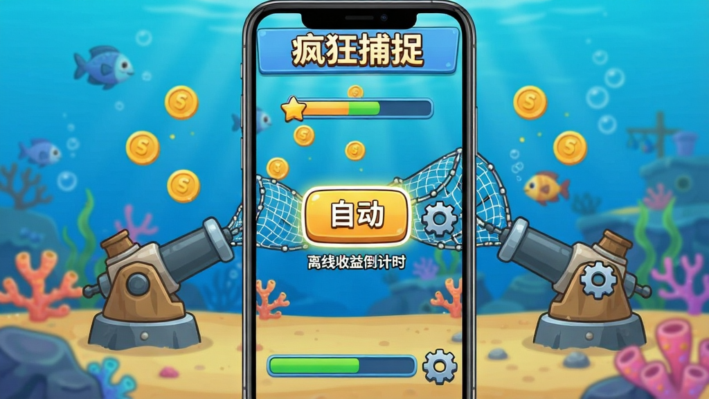 手机屏幕显示自动挂机界面,炮台自动发射渔网,屏幕中央有“自动”按钮高亮,旁边显示离线收益倒计时。布局为竖屏手机界面,背景为海底。风格为简洁卡通,细节包含金币飘落、进度条、齿轮图标。画质清晰干净,无多余元素,画面顶部有“疯狂捕捉”标题。