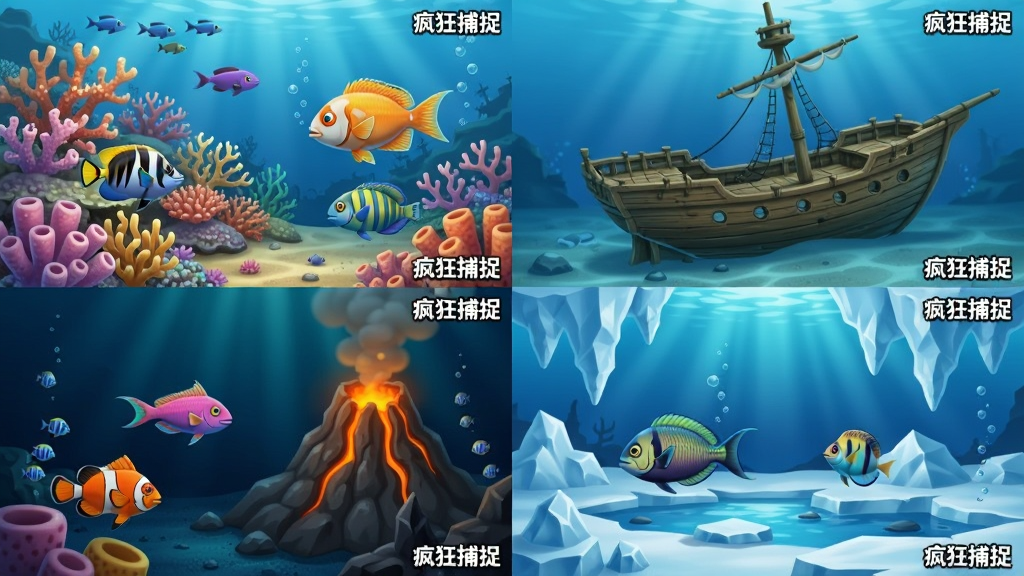 四格画面拼接展示不同海底场景,分别为珊瑚礁、沉船、深海火山、极地冰海,每格中有对应特色鱼种。布局为2x2网格,风格为卡通写实,细节包含珊瑚、沉船木纹、火山岩、冰块。画质清晰干净,无多余元素,每格角落标注“疯狂捕捉”。