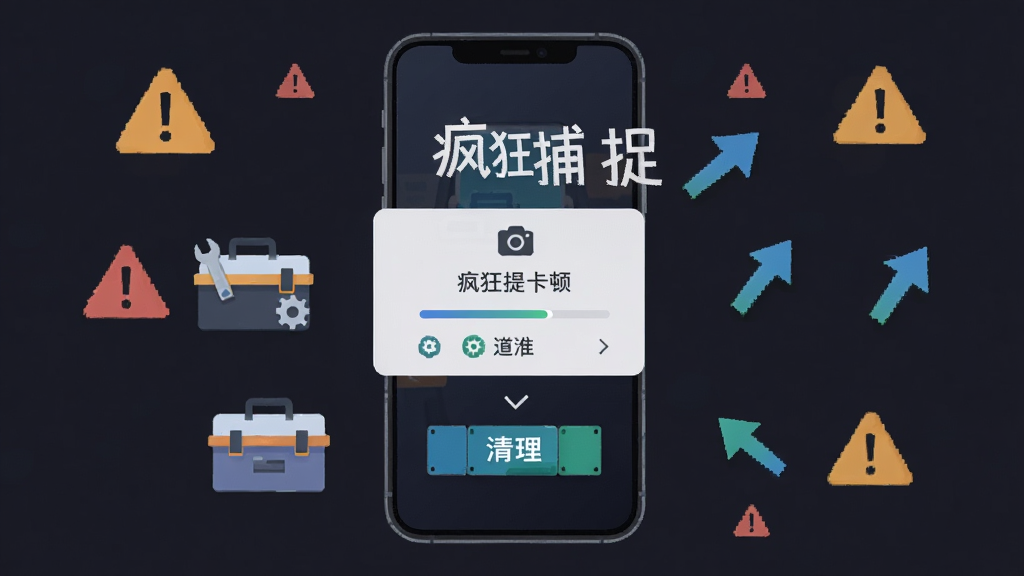 画面展示一部手机屏幕出现卡顿提示弹窗,旁边有工具箱图标和清理按钮,背景为深色。布局为手机居中,四周有警示符号和优化箭头。风格为扁平化科技感,细节包含进度条、齿轮、内存条图标。画质清晰干净,无多余元素,画面中浮现“疯狂捕捉”文字。