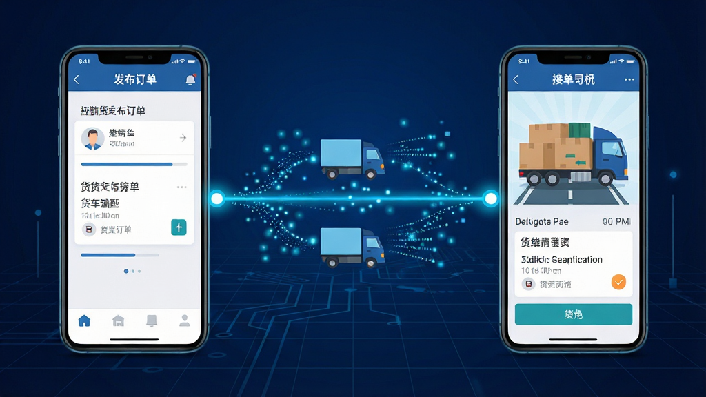 货车拉货搬智能匹配功能示意图,画面左侧为货主发布订单的手机界面,右侧为货车司机接单的手机界面,中间用发光的连接线将两端相连,连接线上有货车图标与数据流粒子,背景为深蓝色科技感网格,布局左右对称,风格为扁平化信息图风格,细节上两端手机屏幕内容清晰可辨,画质高清,干净无多余元素