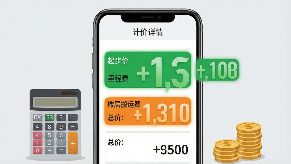 货车拉货搬在线计价功能界面图,画面中央为手机屏幕显示计价详情页,页面上有起步价、里程费、楼层搬运费、总价等条目,数字用显眼的绿色与橙色标注,手机旁边放置计算器与硬币图标,背景为浅灰色简洁底图,布局居中,风格为清爽商务风,细节上价格数字有放大突出效果,画质高清,干净无多余元素