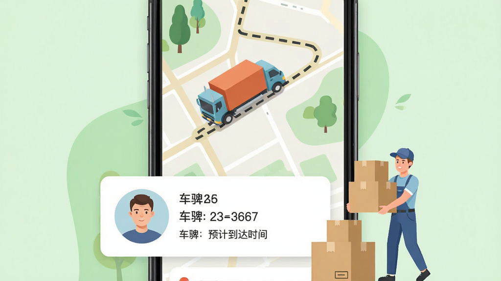货车拉货搬订单跟踪与搬运服务展示图,画面为手机屏幕显示地图界面,地图上有货车图标沿路线移动,下方卡片显示司机头像、车牌号与预计到达时间,旁边有搬家工人搬运纸箱的插画元素,背景为淡绿色清新底图,布局上手机占画面主体,风格为现代生活化扁平插画,细节上路线用虚线高亮,画质高清,干净无多余元素