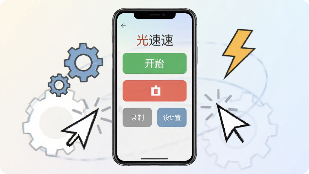 一张展示光速连点器软件主界面的手机截图风格图片,画面中央是手机屏幕,屏幕内显示光速连点器的操作面板,面板上有开始、停止、录制、设置等按钮,背景是简洁的浅色渐变,手机周围环绕着齿轮、光标、闪电等代表速度与自动化的元素,整体风格干净清爽,画质清晰,无多余杂乱元素