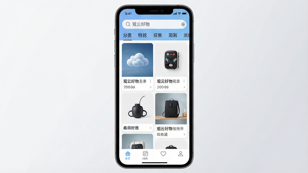 一张手机屏幕展示观云好物APP主界面的预览图,画面中央是手机正视图,屏幕内显示观云好物应用界面,顶部有搜索栏和分类标签,中部呈现瀑布流式好物卡片布局,卡片包含商品图片和简短文字说明,底部有导航栏图标,背景为浅灰色渐变,整体风格清新简约,细节清晰,画质干净,无多余元素