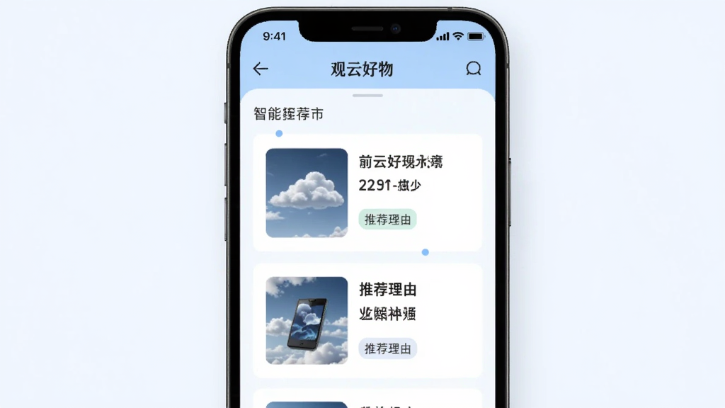 一张展示观云好物智能推荐功能的界面截图,画面中手机屏幕显示个性化推荐列表,每张卡片带有商品缩略图、名称和推荐理由标签,界面采用卡片式设计,配色以白色和淡蓝色为主,背景简洁,画质清晰,无多余装饰元素