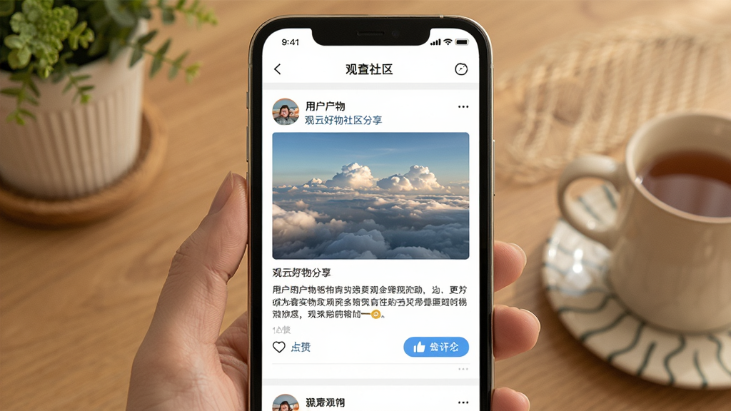 一张观云好物社区分享页面的场景图,画面中手机屏幕展示用户发布的图文动态,包含商品实拍图、文字心得和点赞评论按钮,整体布局为纵向信息流,风格温暖亲切,画质干净,无杂乱元素