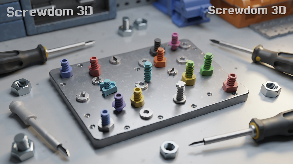 一个充满机械感的3D立体场景,画面中央放置着一块由各种彩色螺丝固定的金属板,周围散落着大小不一的螺丝刀和螺母,背景是虚化的工业风格工作台,光线明亮,风格写实3D渲染,细节丰富,画质清晰,干净无多余元素,画面中带有“Screwdom 3D”的文字标识