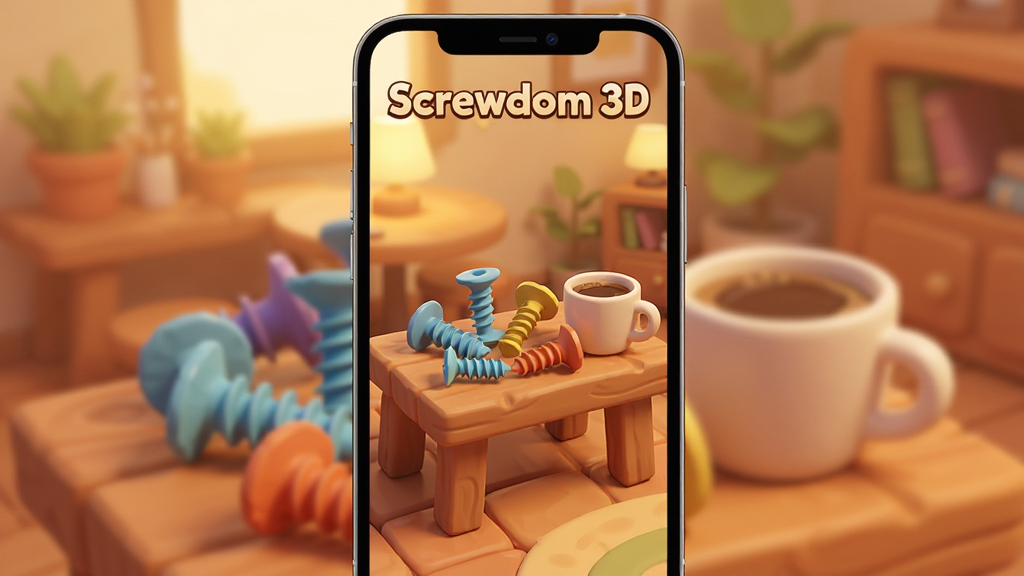 一个温馨的休闲游戏场景,手机屏幕竖屏展示,屏幕内是Screwdom 3D的游戏画面,一个木制板凳上放着几颗不同颜色的螺丝,旁边有一杯咖啡,背景是模糊的室内暖光,风格为扁平插画风,细节温馨,画质柔和,干净无多余元素,画面中带有“Screwdom 3D”字样
