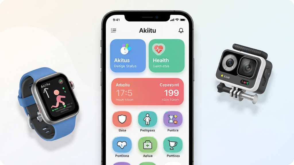 Akiitu 智能穿戴管理应用主界面展示,画面中央放置一部智能手机,屏幕显示 Akiitu 应用首页,包含设备连接状态卡片、健康数据概览与功能图标网格。背景为浅色渐变,左侧悬浮一只智能手表,右侧悬浮一台小型运动相机。风格为现代科技感扁平插画,细节包括柔和的阴影、圆角图标与清晰的文字标签