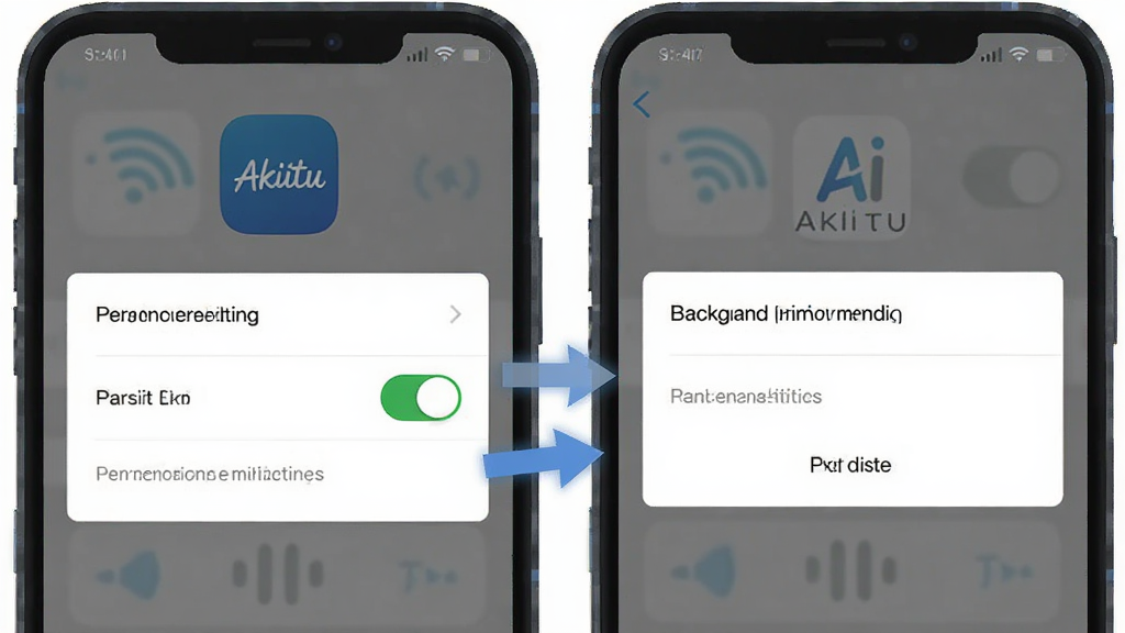 Akiitu 移动端操作界面截图,画面中手机屏幕显示蓝牙权限设置页面与后台白名单设置页面,旁边有箭头指示操作步骤。风格为教程类扁平插画,细节包含