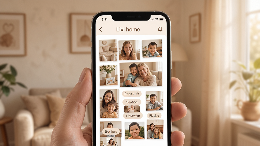 Livi home记忆管家 家庭数字记忆管理应用 主界面 温馨家庭照片墙 智能分类标签 简洁清新UI风格 柔和暖色调 手机屏幕展示 高清画质 干净无多余元素
