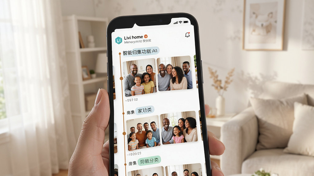 Livi home记忆管家 智能归集功能展示 手机屏幕中照片按时间轴排列 自动分类标签 家庭聚会场景 简洁界面 柔和光线 高清画质 干净构图